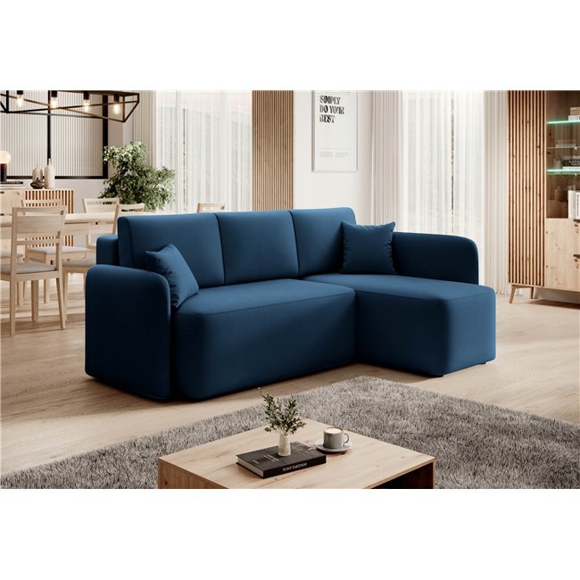 Corner sofa Elhandson R, sleeping function, Lukso 40, velvet, blue, H89x150x206cm