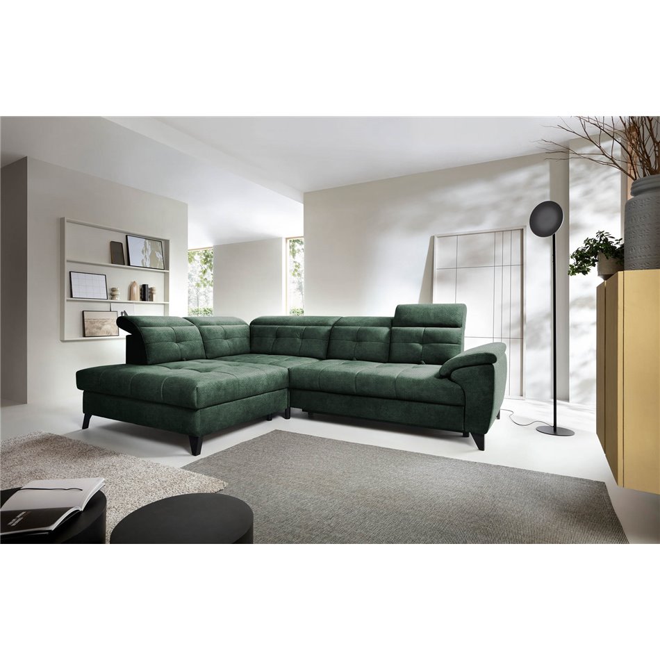 Corner sofa Elinferne L, sleeping function, Raquel 35, dark green, H107x210x297cm