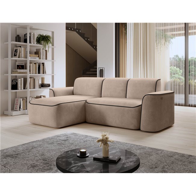 Corner sofa Elume L, sleeping function, Amore 18, Velvetmat 22, bouclé, cream, H88x190x287cm