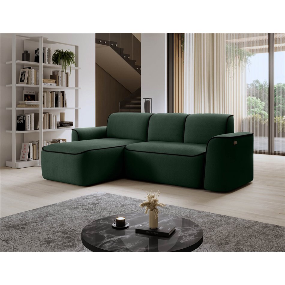 Corner sofa Elume L, sleeping function, Amore 35, Velvetmat 10, bouclé, green, H88x190x287cm