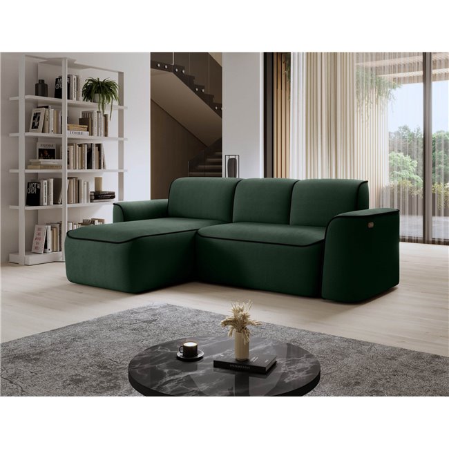 Corner sofa Elume L, sleeping function, Amore 35, Velvetmat 10, bouclé, green, H88x190x287cm