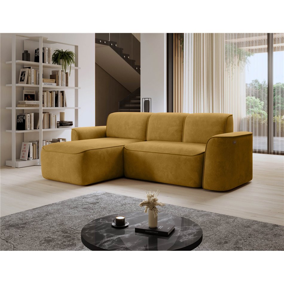Corner sofa Elume L, sleeping function, Amore 45, Riviera 41, bouclé, yellow, H88x190x287cm
