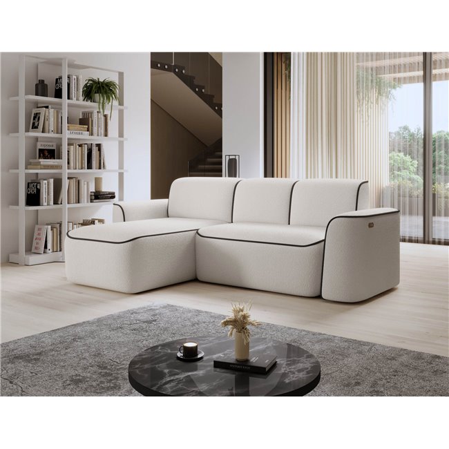 Corner sofa Elume L, sleeping function, Royal 01, Velvetmat 22, bouclé, white, H88x190x287cm