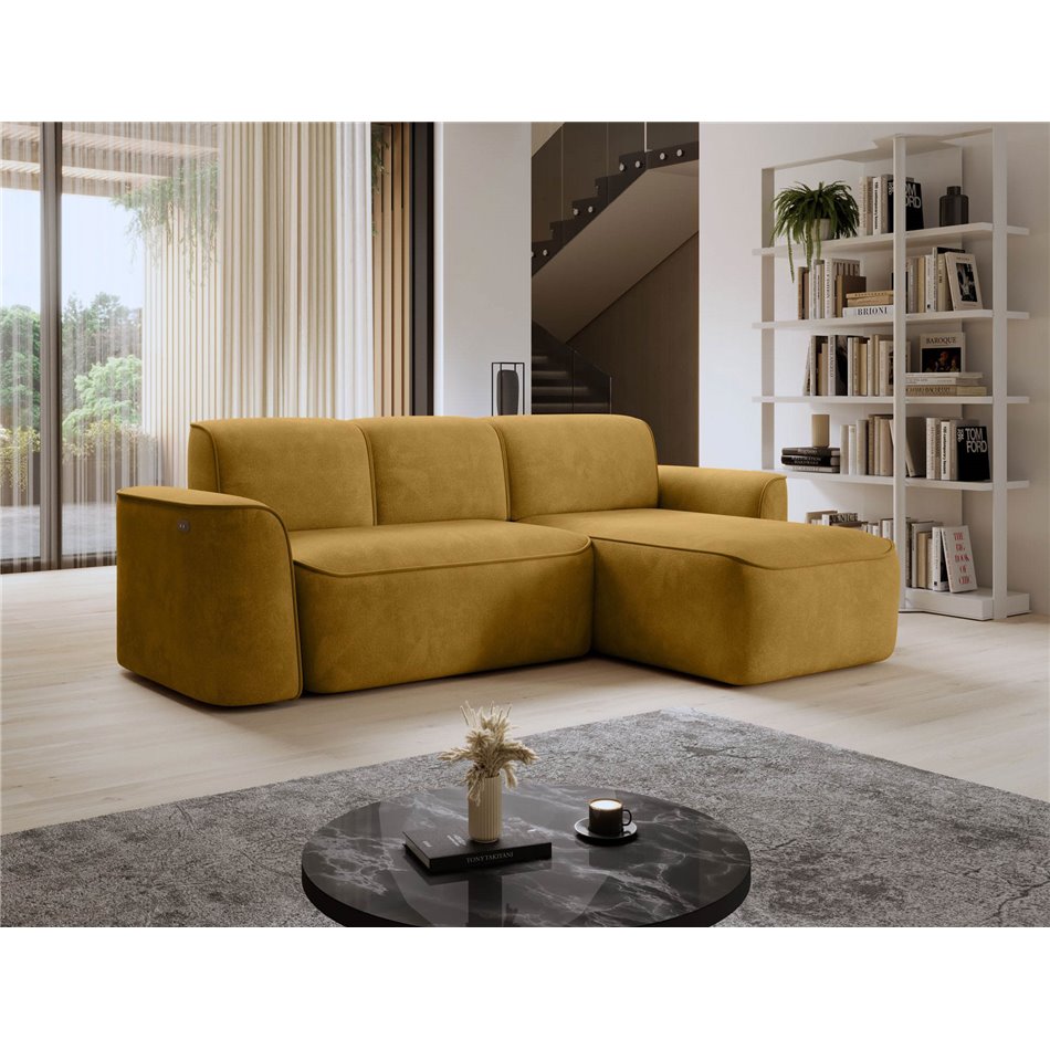 Nurgadiivan Elume R, elektrooniliselt pikendatav, Amore 45, Riviera 41, bouclé, kollane, H88x190x287cm