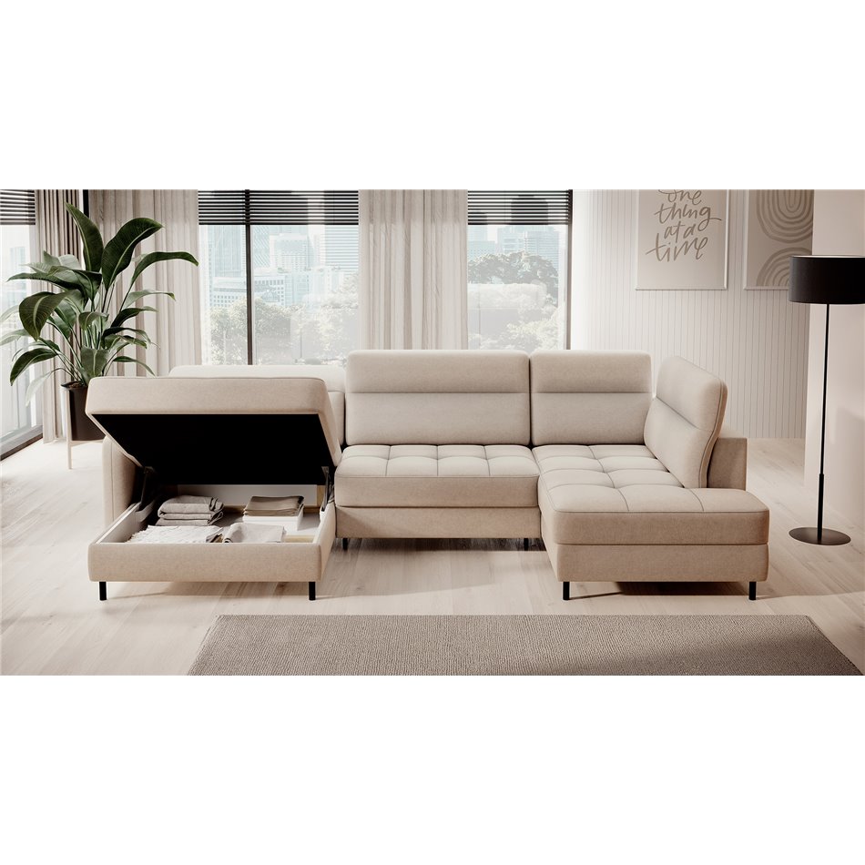 U shape sofa Elberto L, sleeping function, Raquel 18, beige, H100x165x306cm