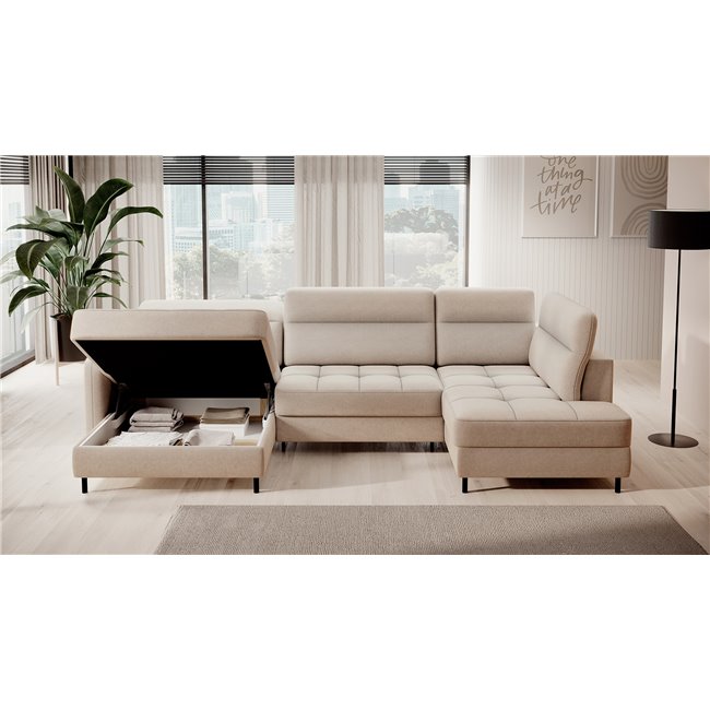 U shape sofa Elberto L, sleeping function, Raquel 18, beige, H100x165x306cm