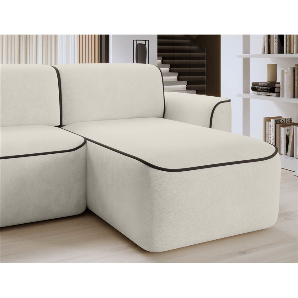 Corner sofa Elume R, sleeping function, Amore 01, Velvetmat 22, bouclé, beige, H88x190x287cm