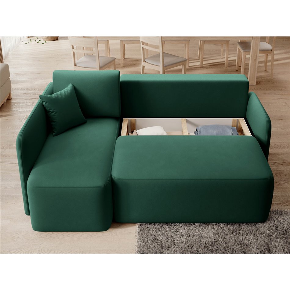 Corner sofa Elhandson L, sleeping function, Lukso 35, velvet, green, H89x150x206cm