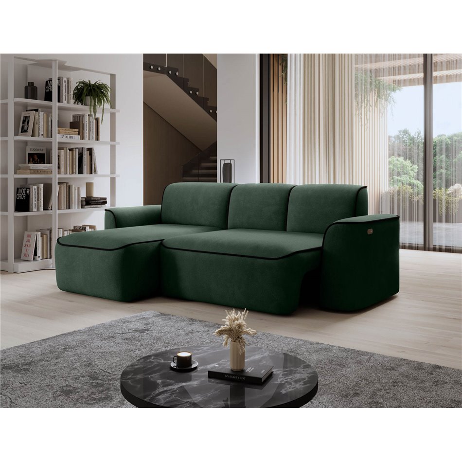 Corner sofa Elume L, sleeping function, Amore 35, Velvetmat 10, bouclé, green, H88x190x287cm