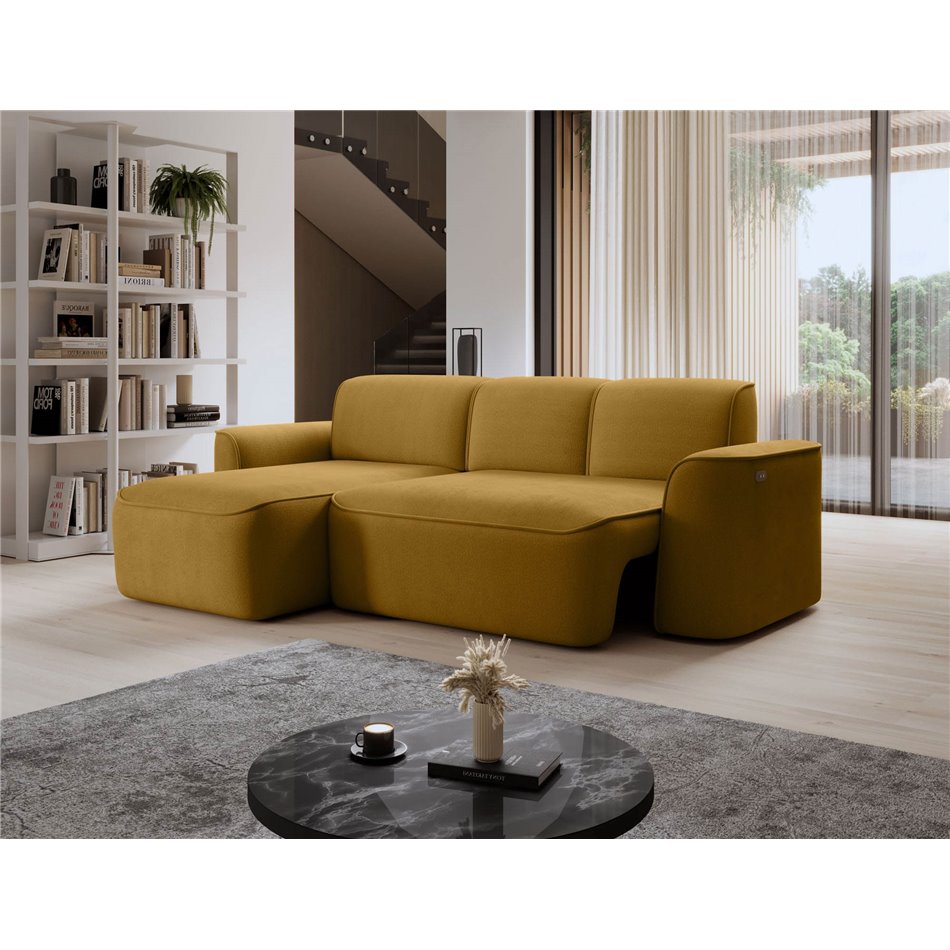Corner sofa Elume L, sleeping function, Amore 45, Riviera 41, bouclé, yellow, H88x190x287cm