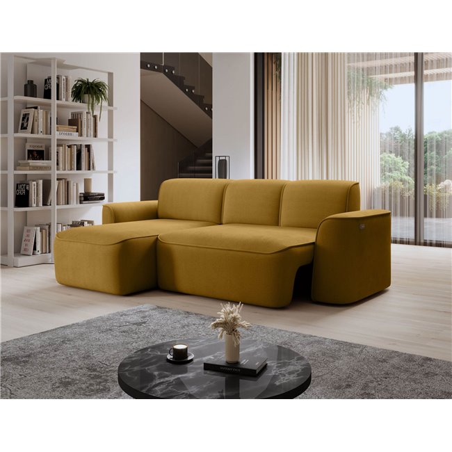 Corner sofa Elume L, sleeping function, Amore 45, Riviera 41, bouclé, yellow, H88x190x287cm