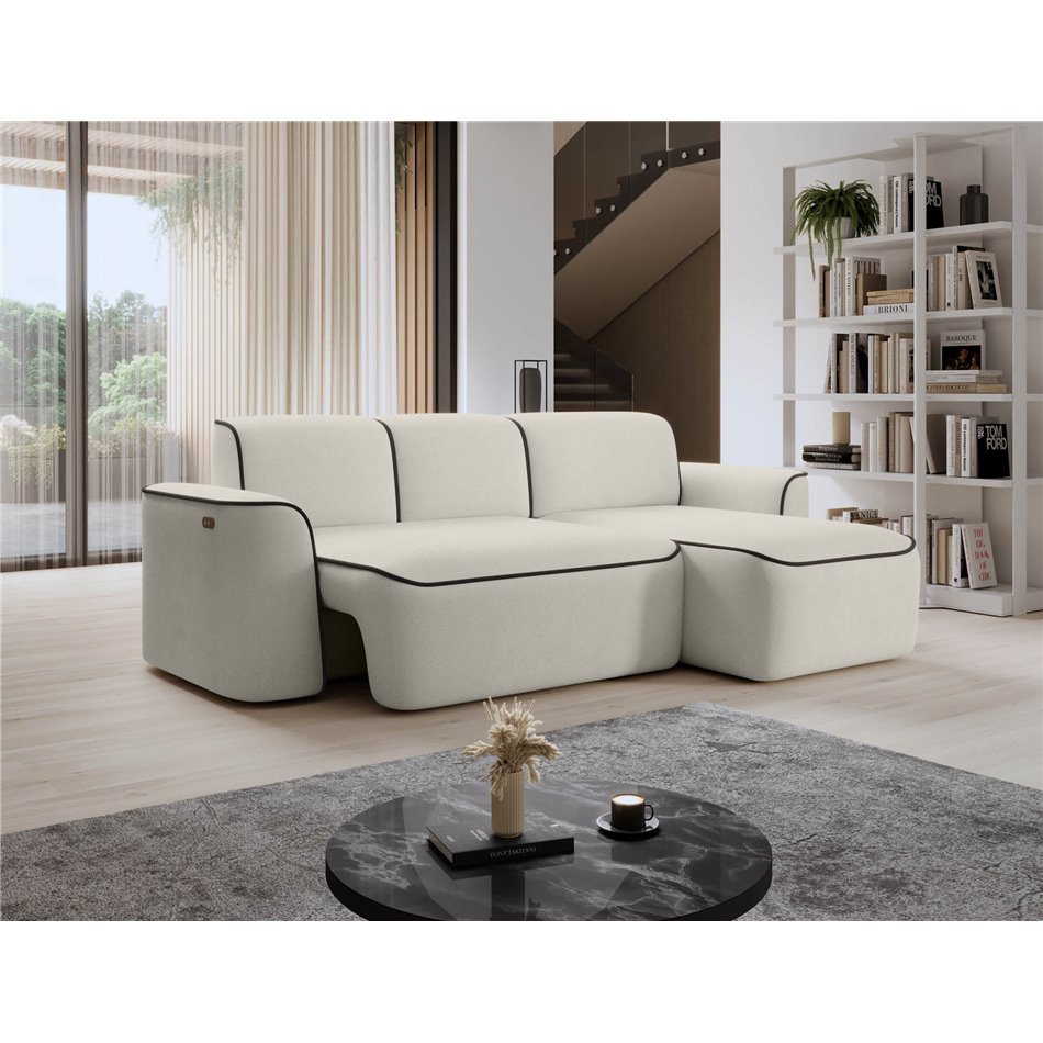 Corner sofa Elume R, sleeping function, Amore 01, Velvetmat 22, bouclé, beige, H88x190x287cm