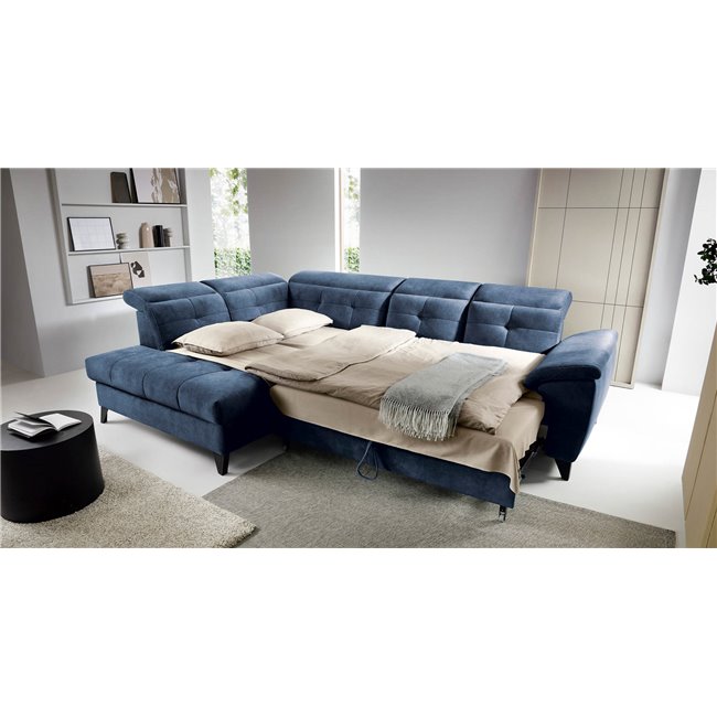 Corner sofa Elinferne L, sleeping function, Aura 40, velvet, dark blue, H107x210x297cm