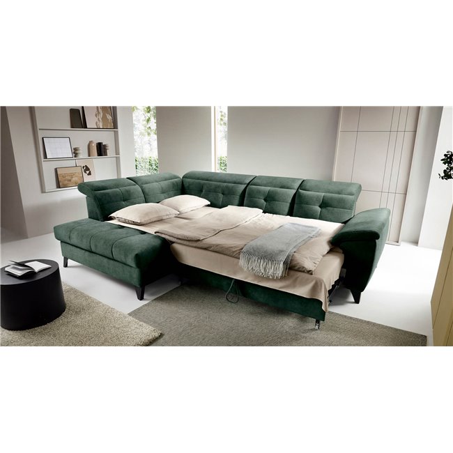 Corner sofa Elinferne L, sleeping function, Raquel 35, dark green, H107x210x297cm