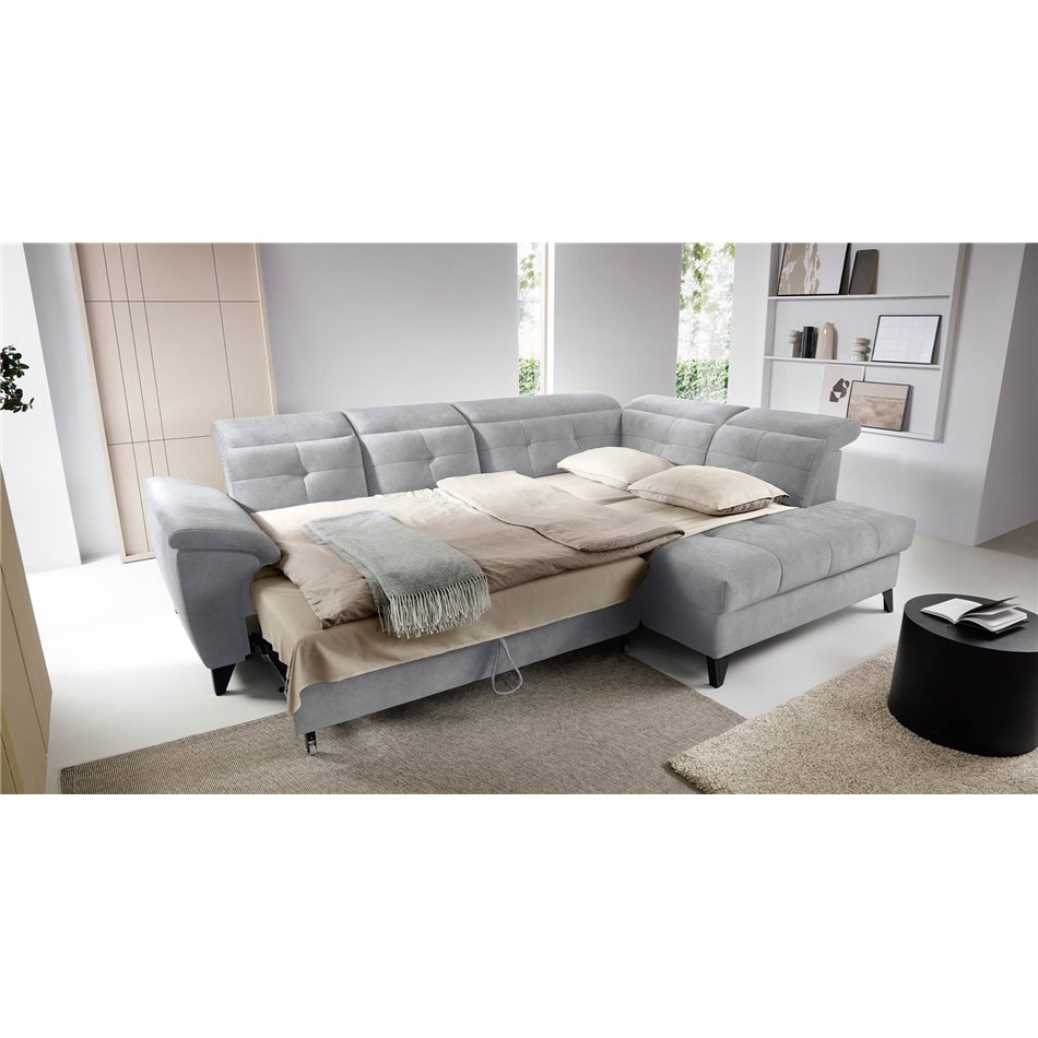 Corner sofa Elinferne R, sleeping function, Aura 04, velvet, grey, H107x210x297cm