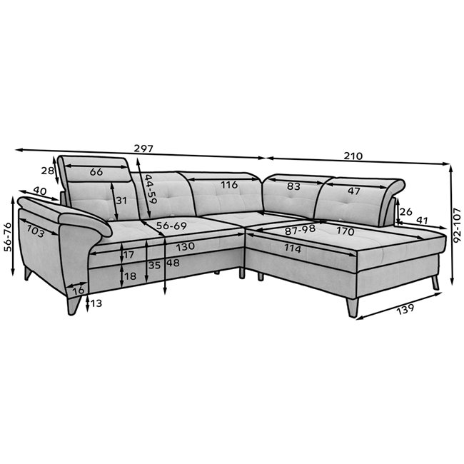 Corner sofa Elinferne L, sleeping function, Raquel 40, dark blue, H107x210x297cm