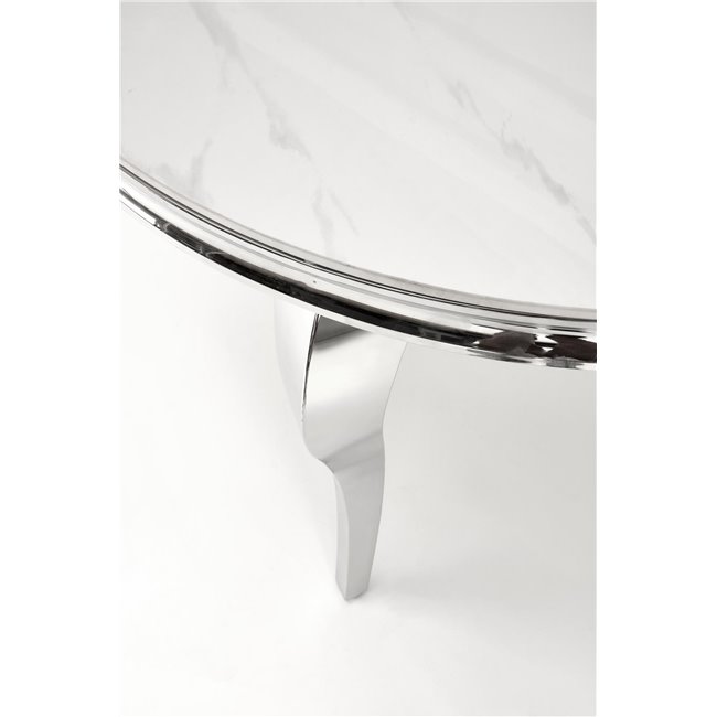 Dining table Heginald S, white/silver color, sintered stone/steel, D120cm, H76cm 