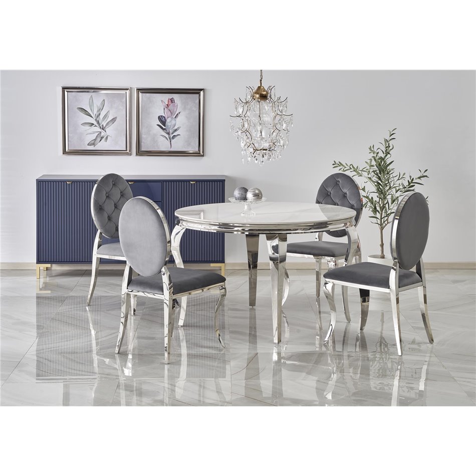 Dining table Heginald S, white/silver color, sintered stone/steel, D120cm, H76cm 