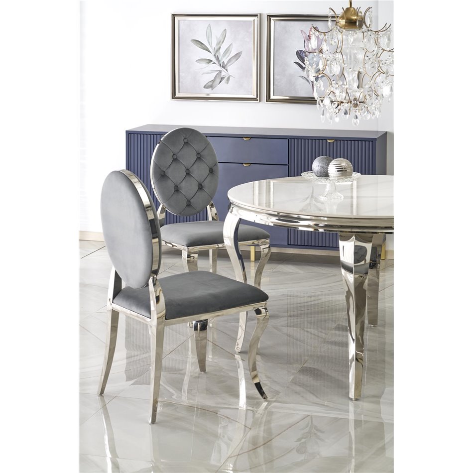 Dining table Heginald S, white/silver color, sintered stone/steel, D120cm, H76cm 