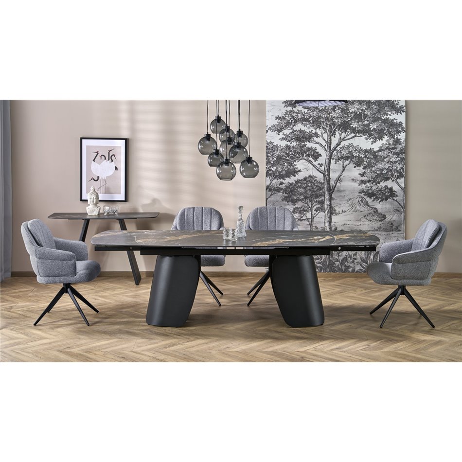 Extendable dining table Horum, black, sintered stone/steel, 180-260x90cm H76cm 