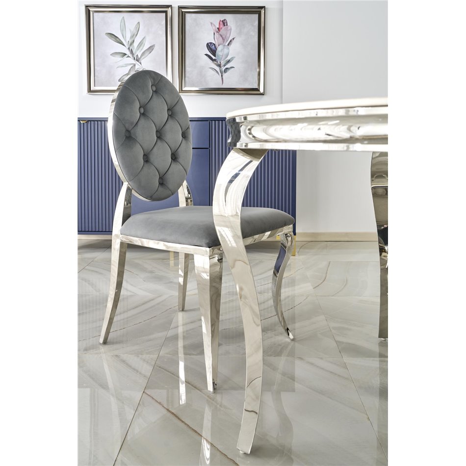 Dining table Heginald S, white/silver color, sintered stone/steel, D120cm, H76cm 