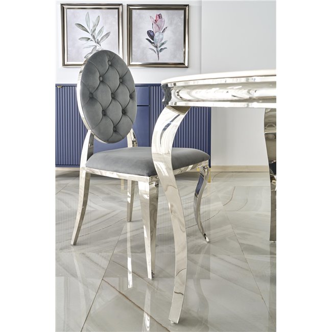 Dining table Heginald S, white/silver color, sintered stone/steel, D120cm, H76cm 