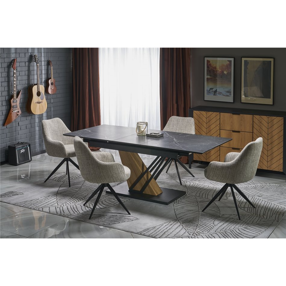 Extendable dining table Holant, black/oak pattern/gold colors,, 140-180x90cm H76cm 