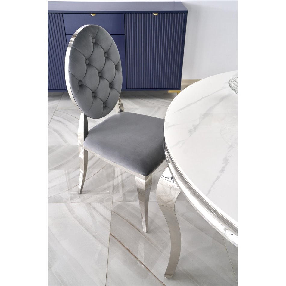 Dining table Heginald S, white/silver color, sintered stone/steel, D120cm, H76cm 