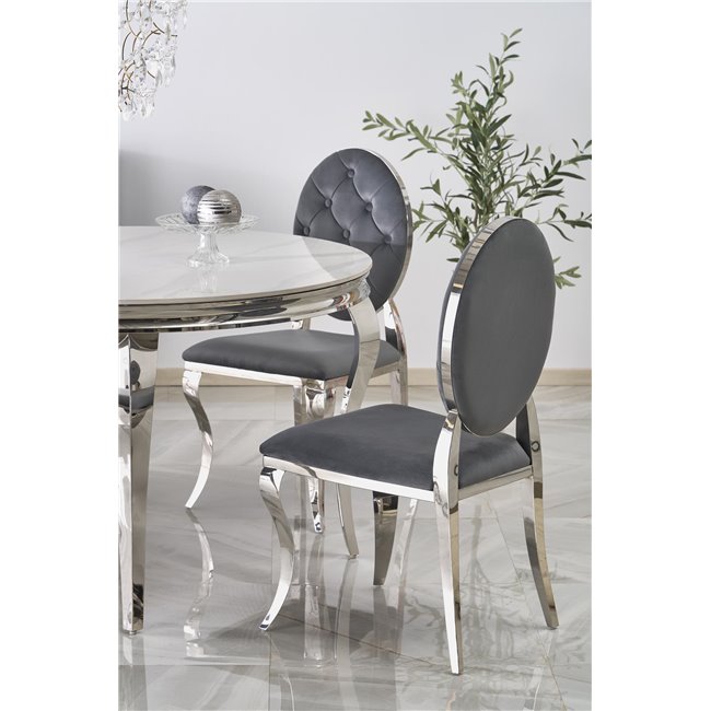 Dining table Heginald S, white/silver color, sintered stone/steel, D120cm, H76cm 