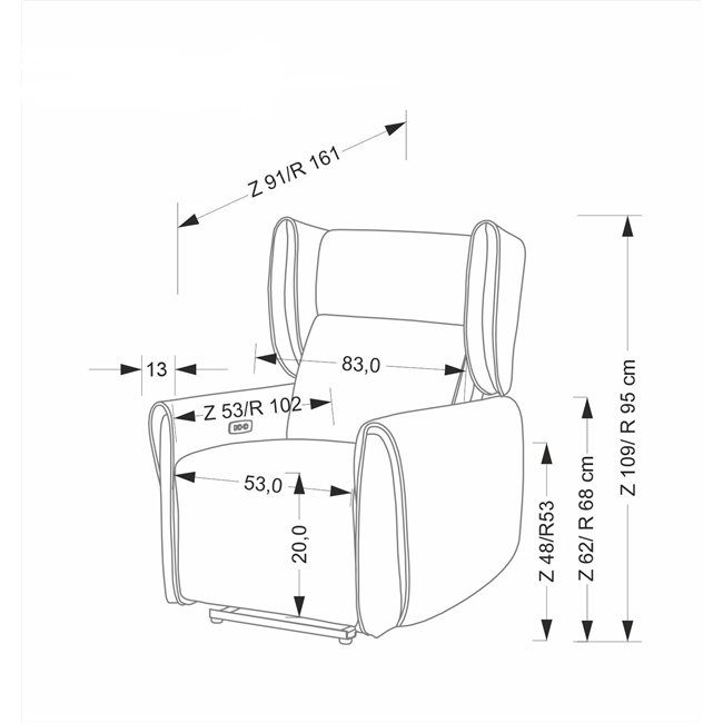 Electric recliner Helato, grey, polyester/metal/wood, H109-95x83x91-161cm, seat height 48-53cm