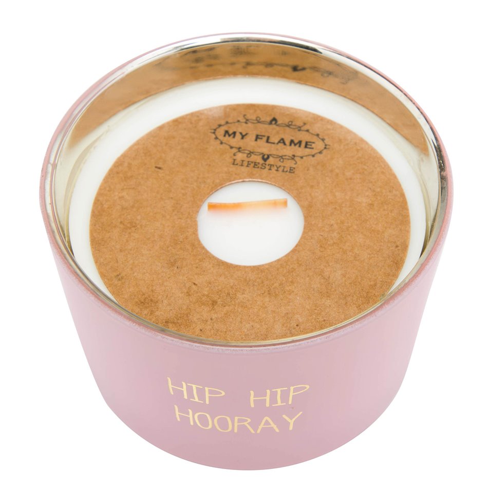 Scented soy candle in glass jar Hip hip hooray, pink, 25 h, H5cm, D7.5cm