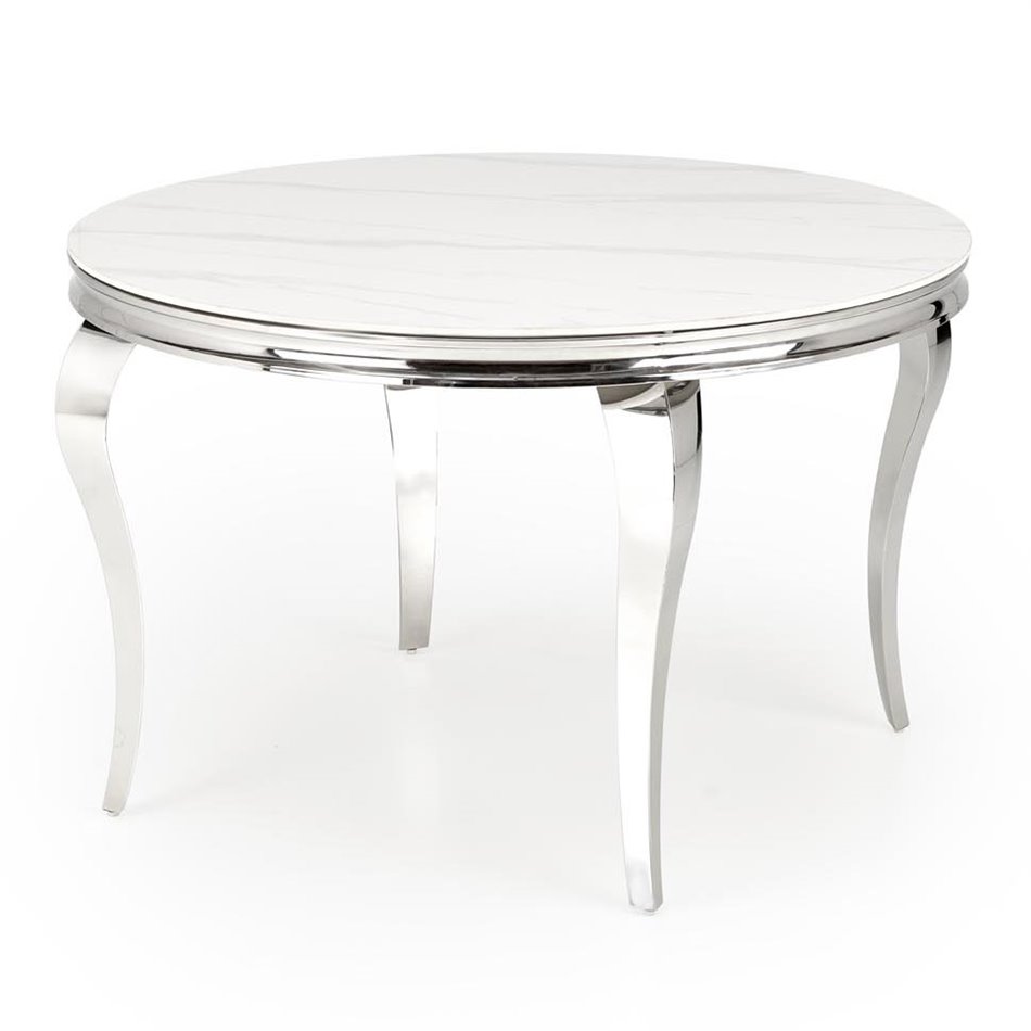 Dining table Heginald S, white/silver color, sintered stone/steel, D120cm, H76cm 