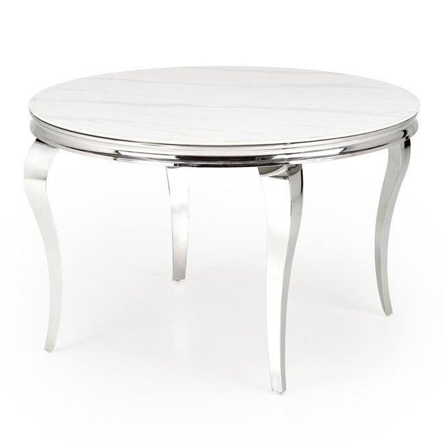 Dining table Heginald S, white/silver color, sintered stone/steel, D120cm, H76cm 