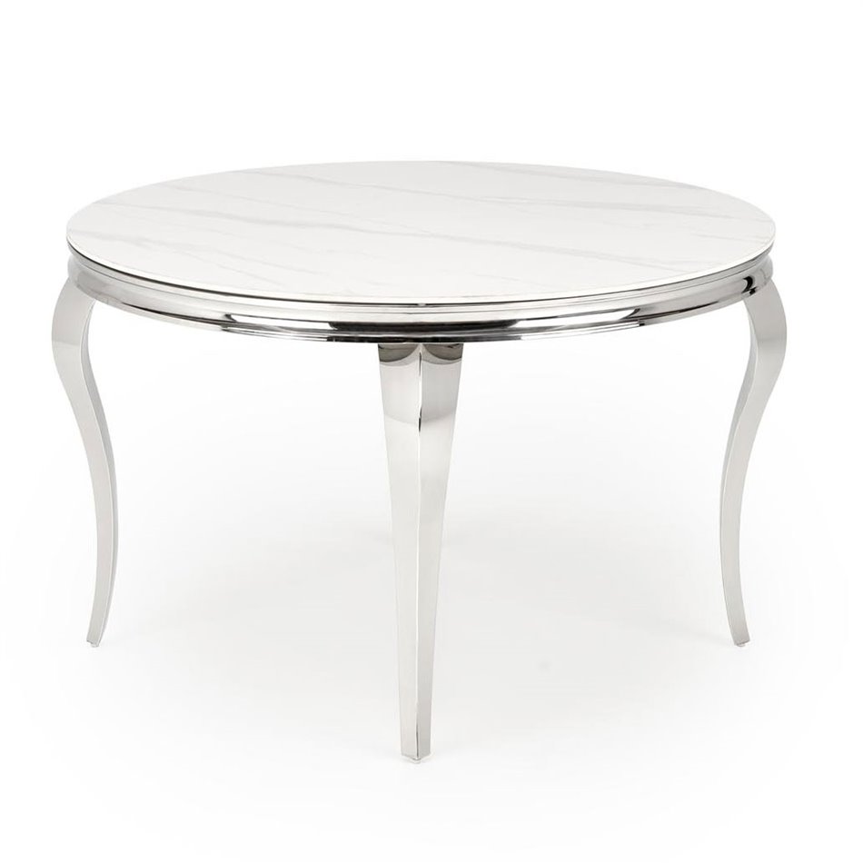 Dining table Heginald S, white/silver color, sintered stone/steel, D120cm, H76cm 
