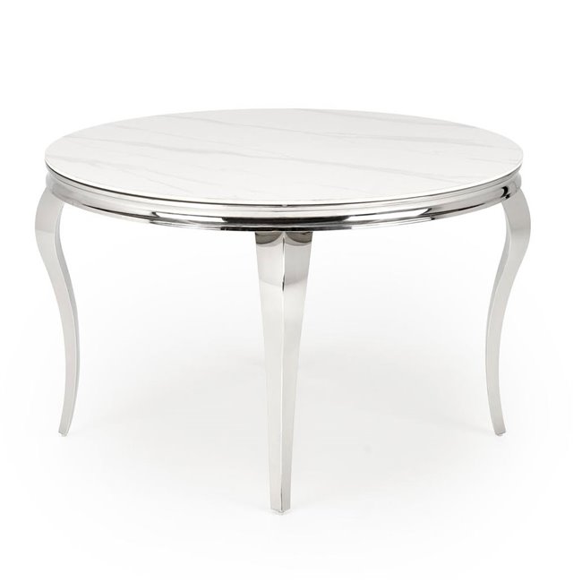 Dining table Heginald S, white/silver color, sintered stone/steel, D120cm, H76cm 