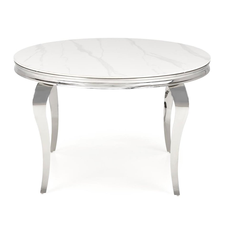 Dining table Heginald S, white/silver color, sintered stone/steel, D120cm, H76cm 