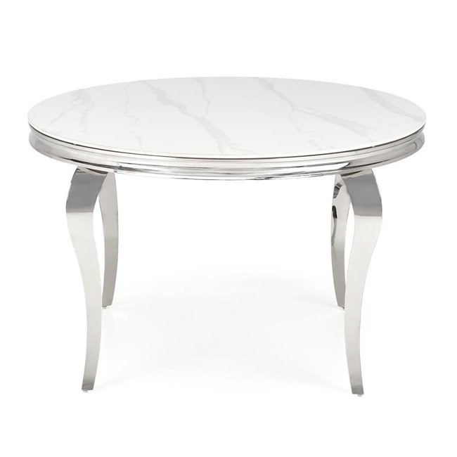 Dining table Heginald S, white/silver color, sintered stone/steel, D120cm, H76cm 