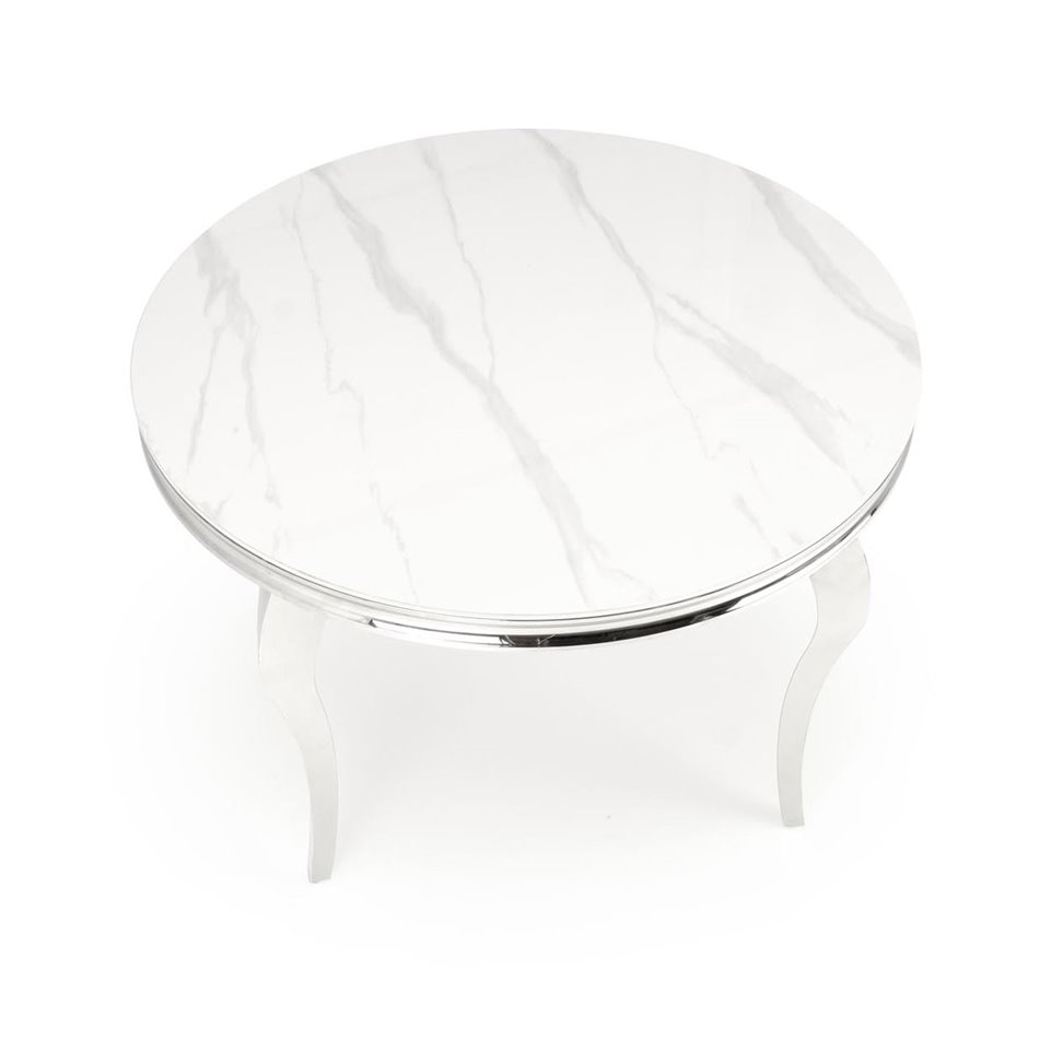 Dining table Heginald S, white/silver color, sintered stone/steel, D120cm, H76cm 