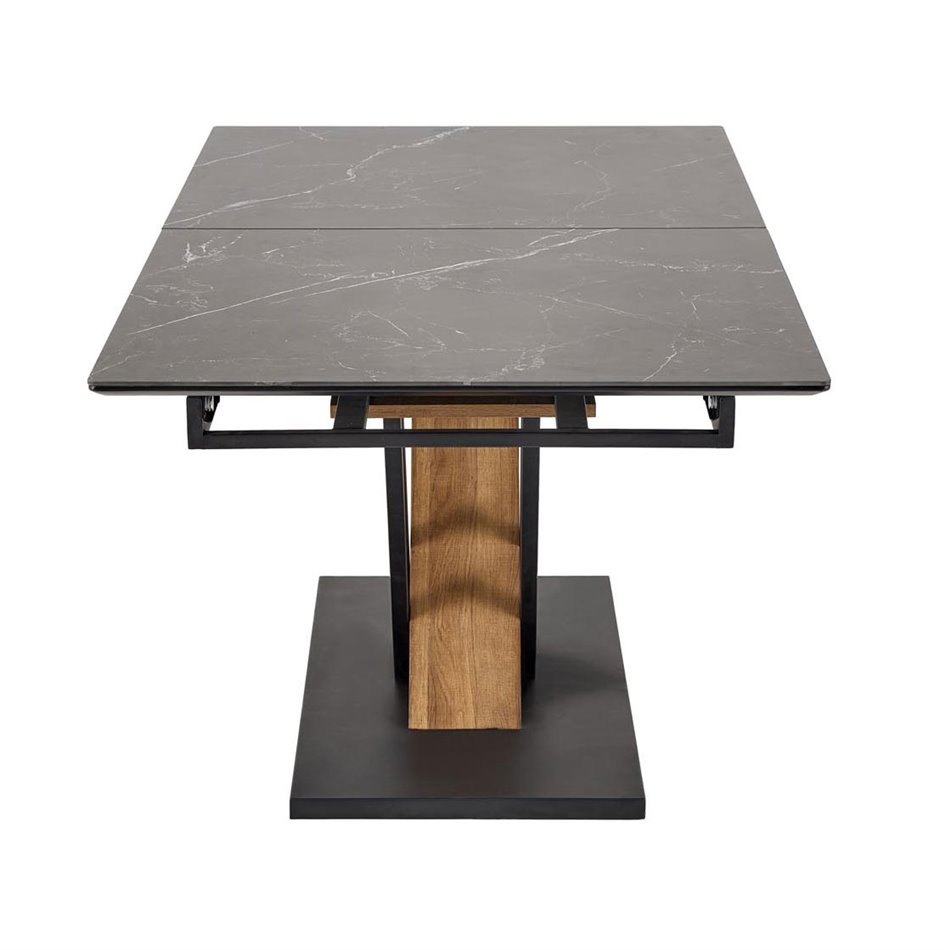 Extendable dining table Holant, black/oak pattern/gold colors,, 140-180x90cm H76cm 
