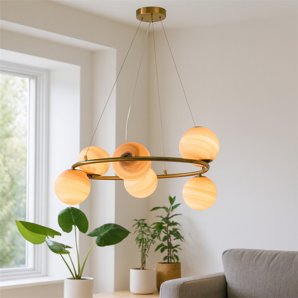 Подвесной светильник Rokko 6, сине-бежевый/хромовый цвет, H45-135cm, D75cm, E14x6 40W(MAX)