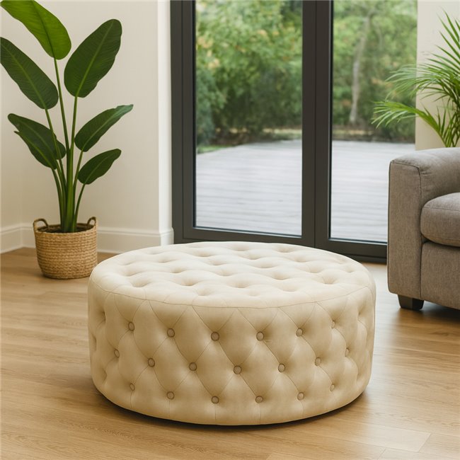 Round buttoned stool Lacelle, taupe, velvet, D89cm H42cm