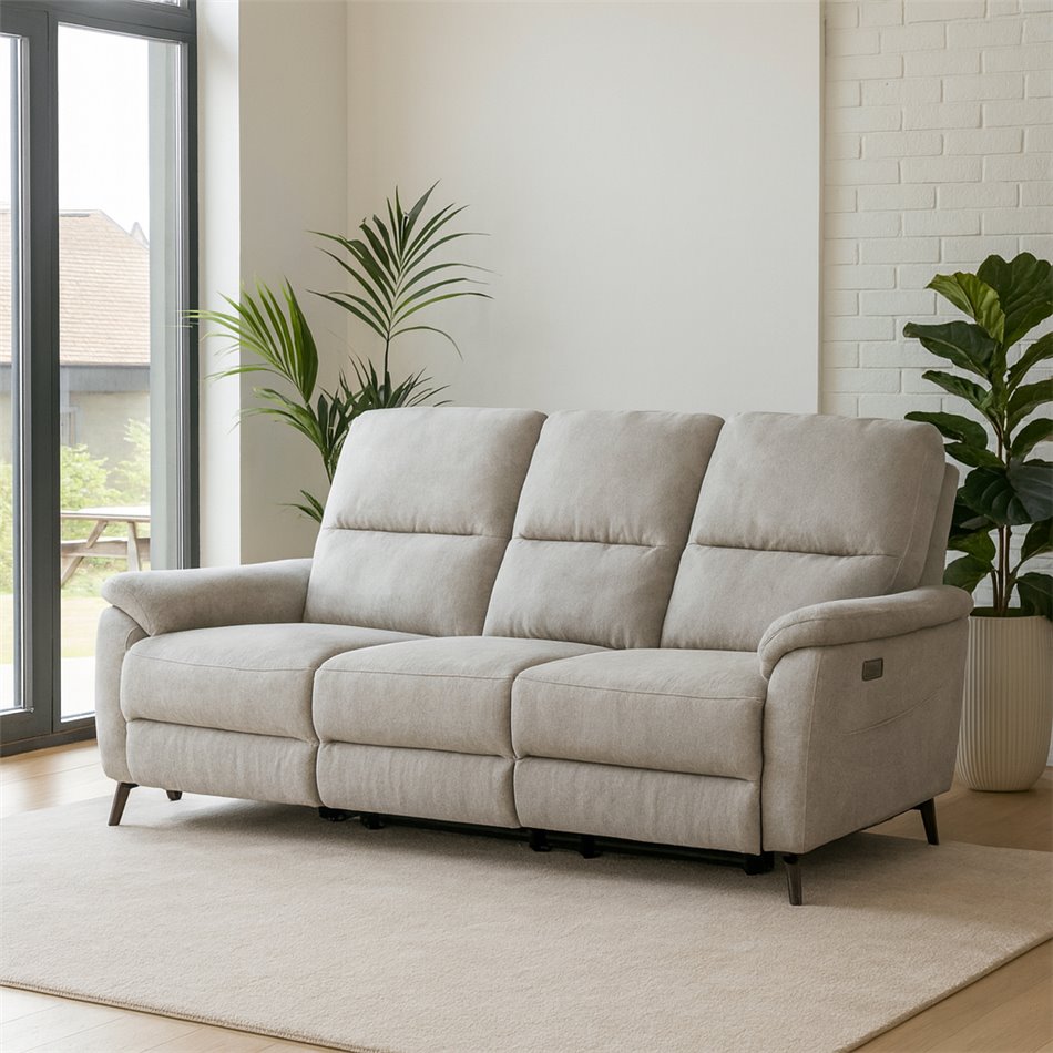 Three-seater electric recliner Olleo, light gray, H101x200x103-158cm, seat height 54cm