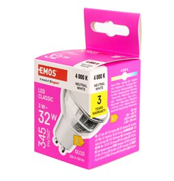 Светодиодная лампочка нейтрально-белая, GU10 3W, 345lm, 4000K, H5.5x5x5cm