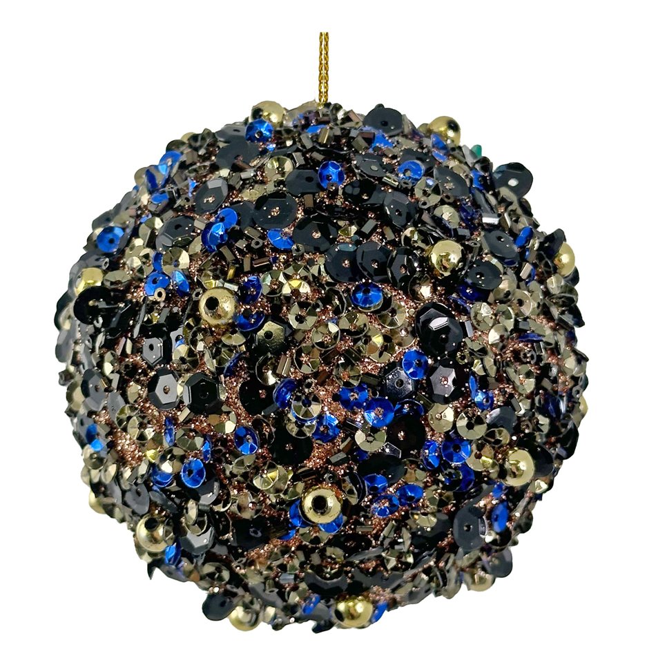 Christmas decor Bead sequin ball blue gold, D8cm