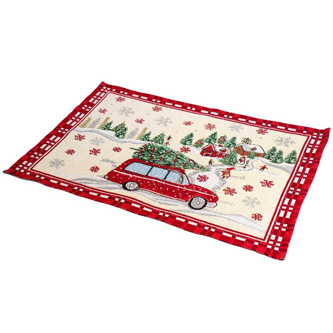 Placemat Christmas car deco, beige/red, 48x33cm