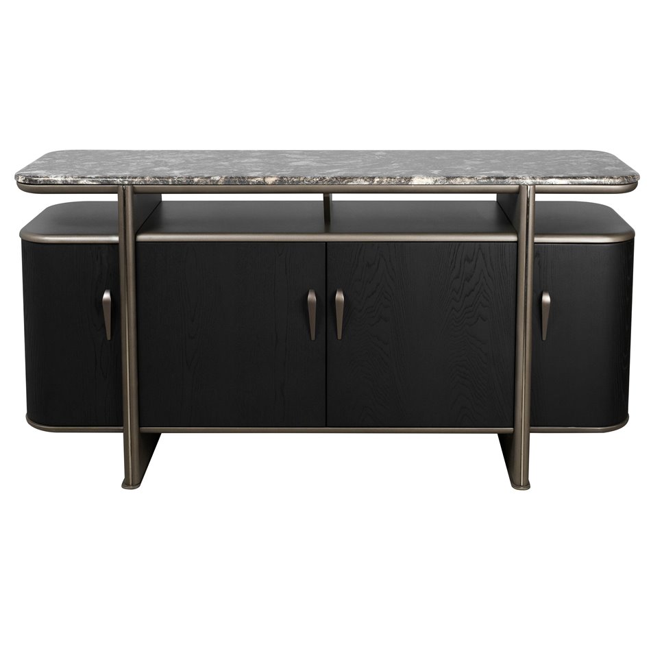 Sideboard Savelli black, metal/artificial marble/MDF/wood veneer, H77x150x40cm