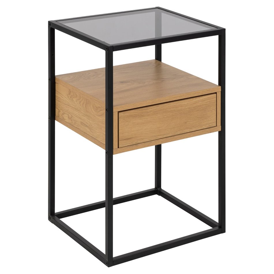 Bedside table Andolf, natural/black, tempered glass/steel, H60x35x40cm