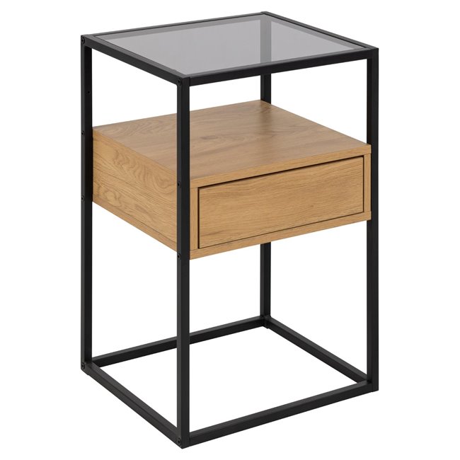 Bedside table Andolf, natural/black, tempered glass/steel, H60x35x40cm