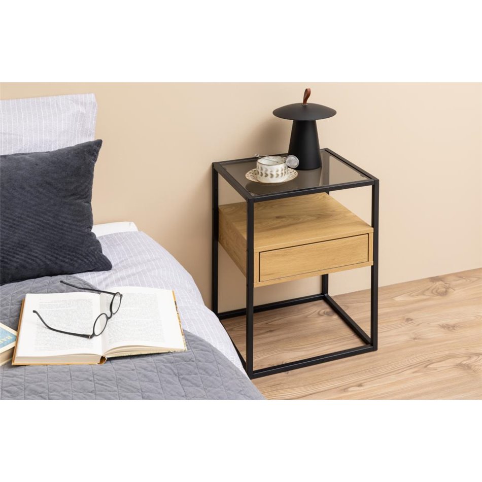 Bedside table Andolf, natural/black, tempered glass/steel, H60x35x40cm