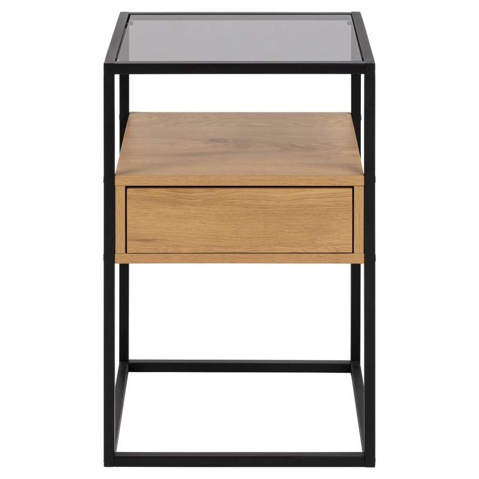 Bedside table Andolf, natural/black, tempered glass/steel, H60x35x40cm